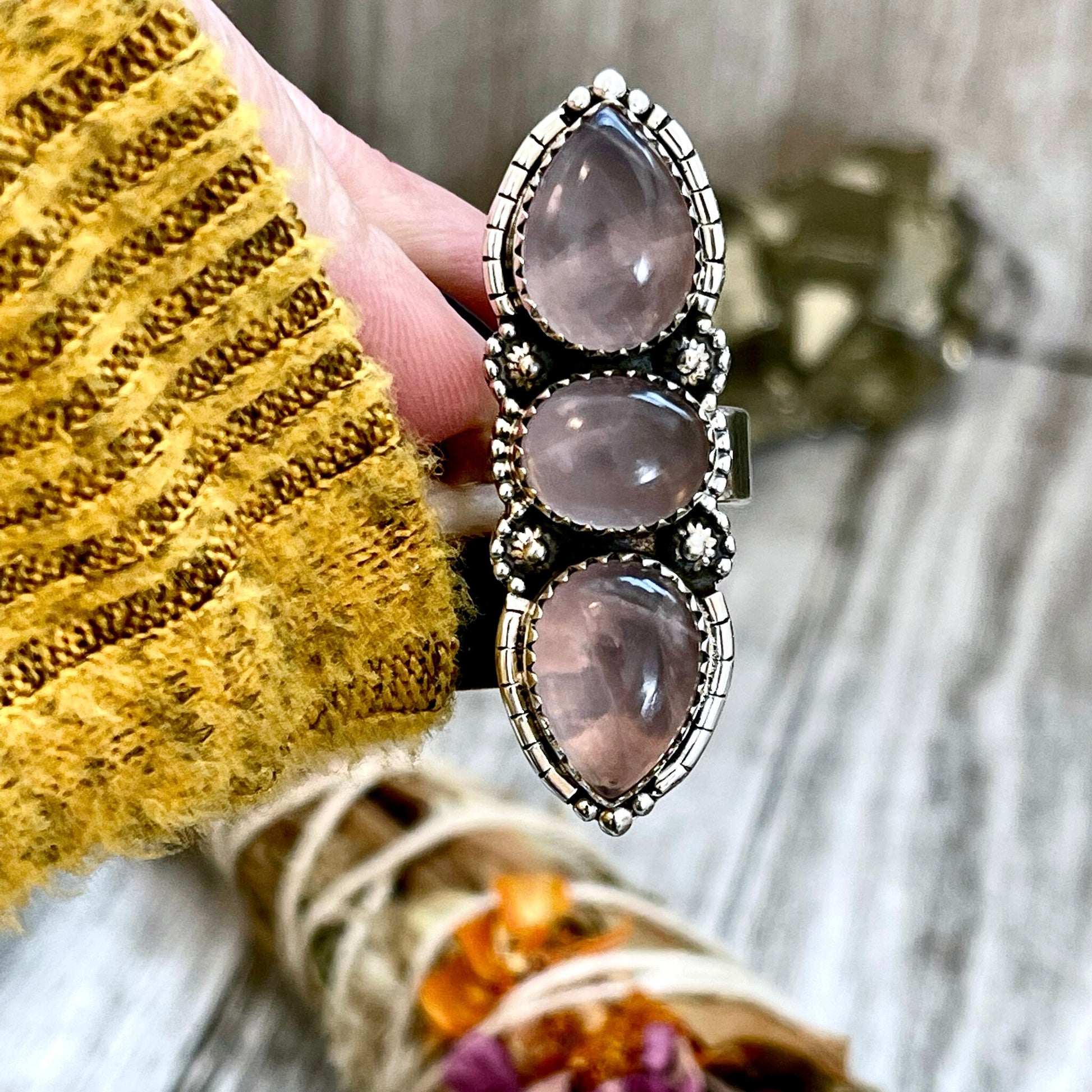 Three Stone Pink Rose Quartz Crystal Ring in Solid Sterling Silver- Designed by FOXLARK Collection Adjustable to Size 6 7 8 9.