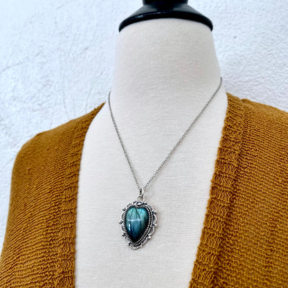 Blue Labradorite Crystal Heart Necklace in Sterling Silver  -Designed by FOXLARK Collection.