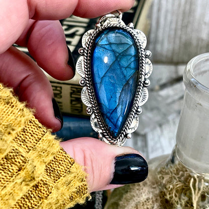 Blue Labradorite Crystal Teardrop Necklace in Sterling Silver  -Designed by FOXLARK Collection / Witchy Necklace Goth Jewelry.