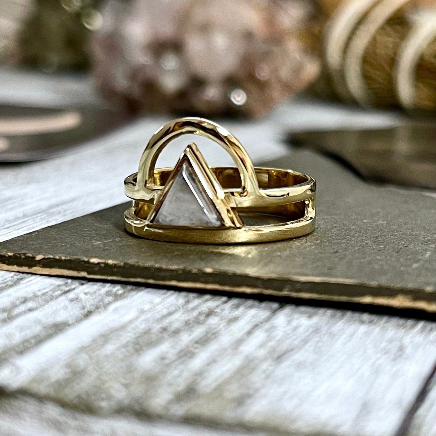 Beautiful Rainbow Moonstone Statement Ring Set in Brass  Size 8 9 10 / Curated by FOXLARK Collection.