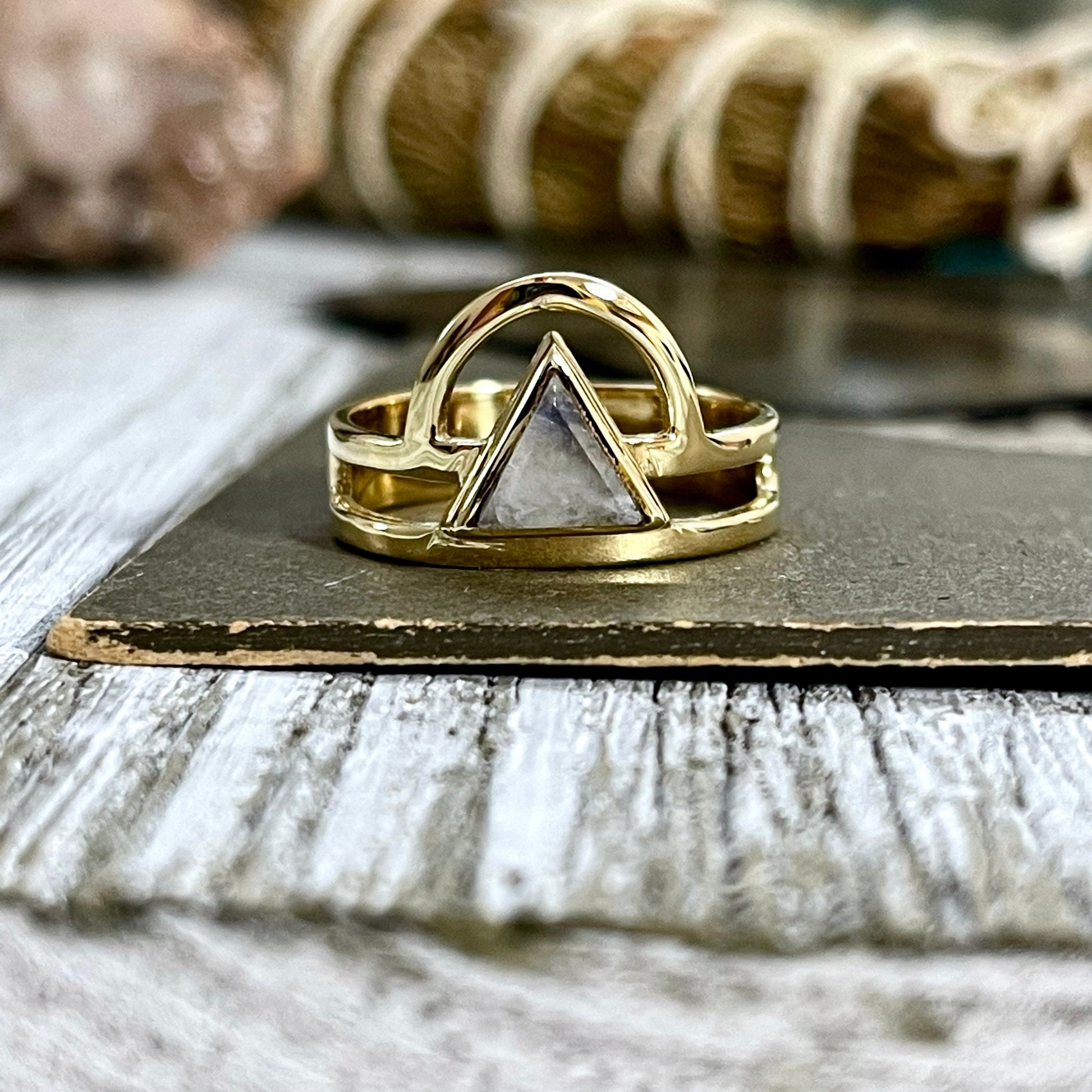 Beautiful Rainbow Moonstone Statement Ring Set in Brass  Size 8 9 10 / Curated by FOXLARK Collection.