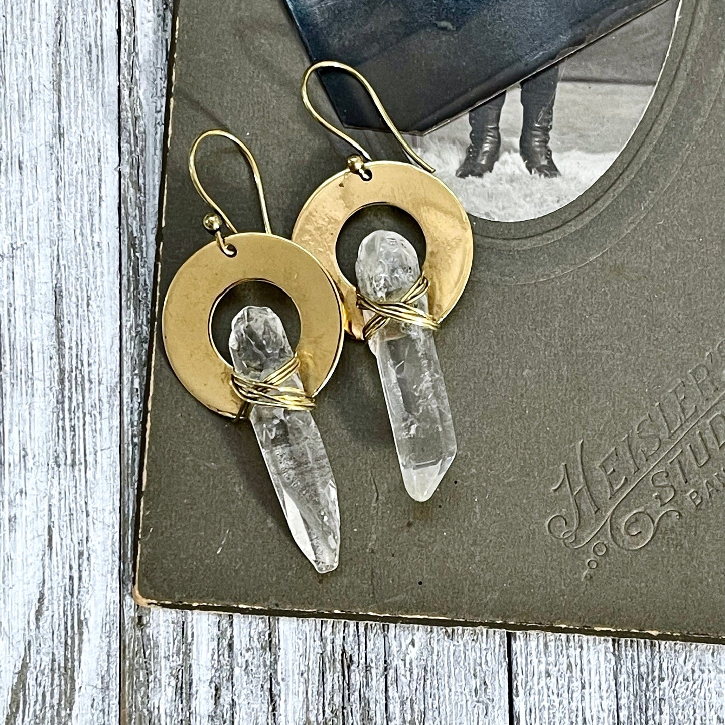 Brass Drop Earrings with Natural Clear Quartz Crystals.