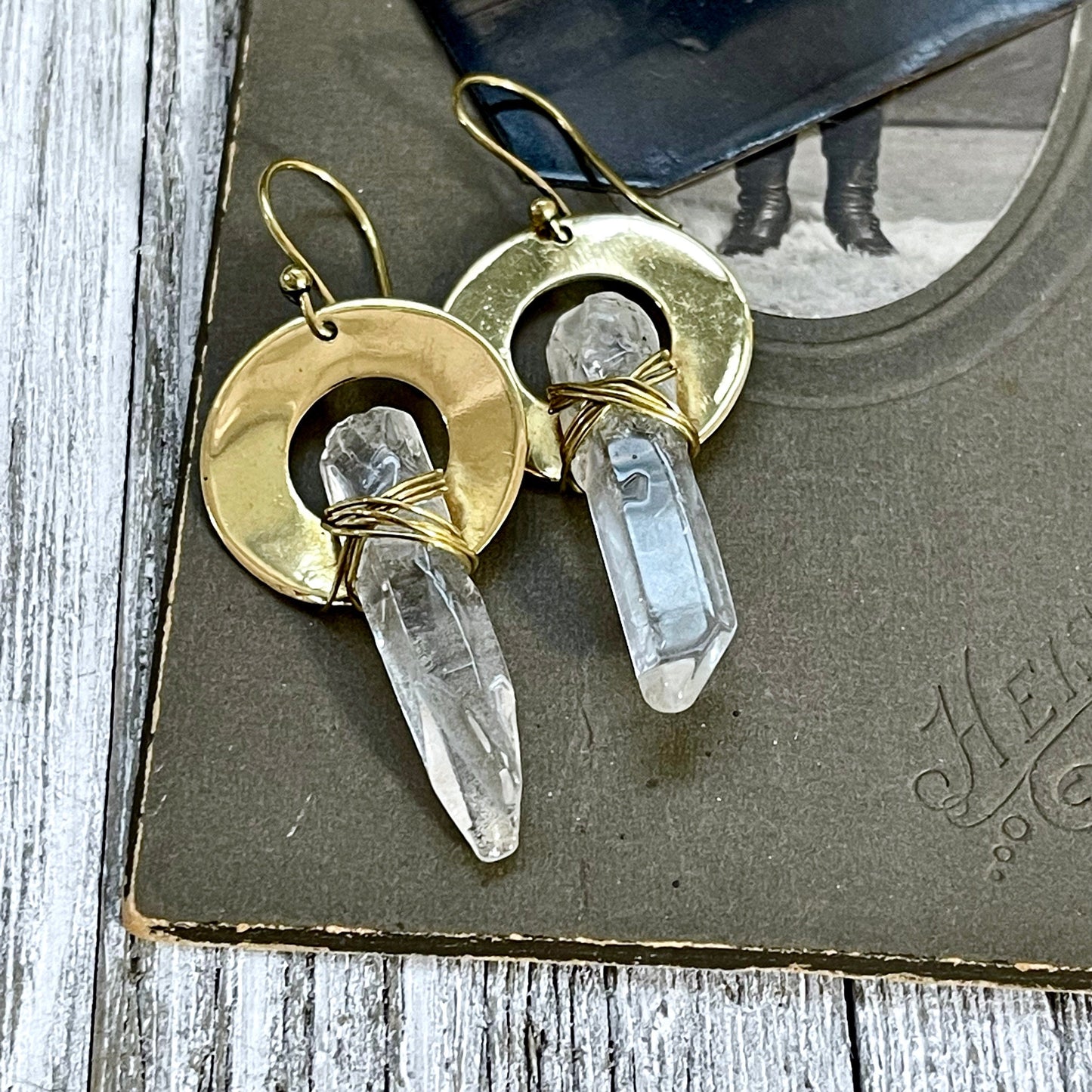 Brass Drop Earrings with Natural Clear Quartz Crystals.