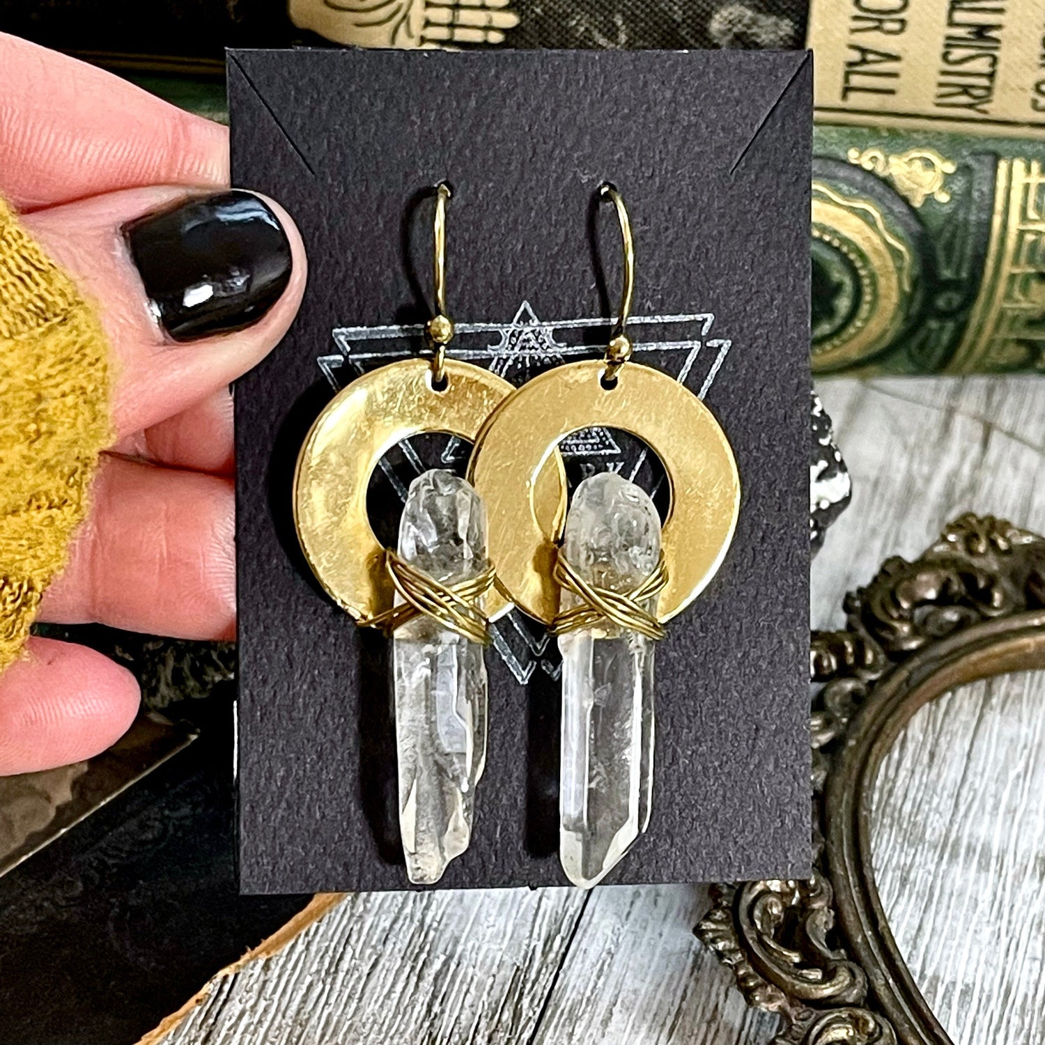 Brass Drop Earrings with Natural Clear Quartz Crystals.