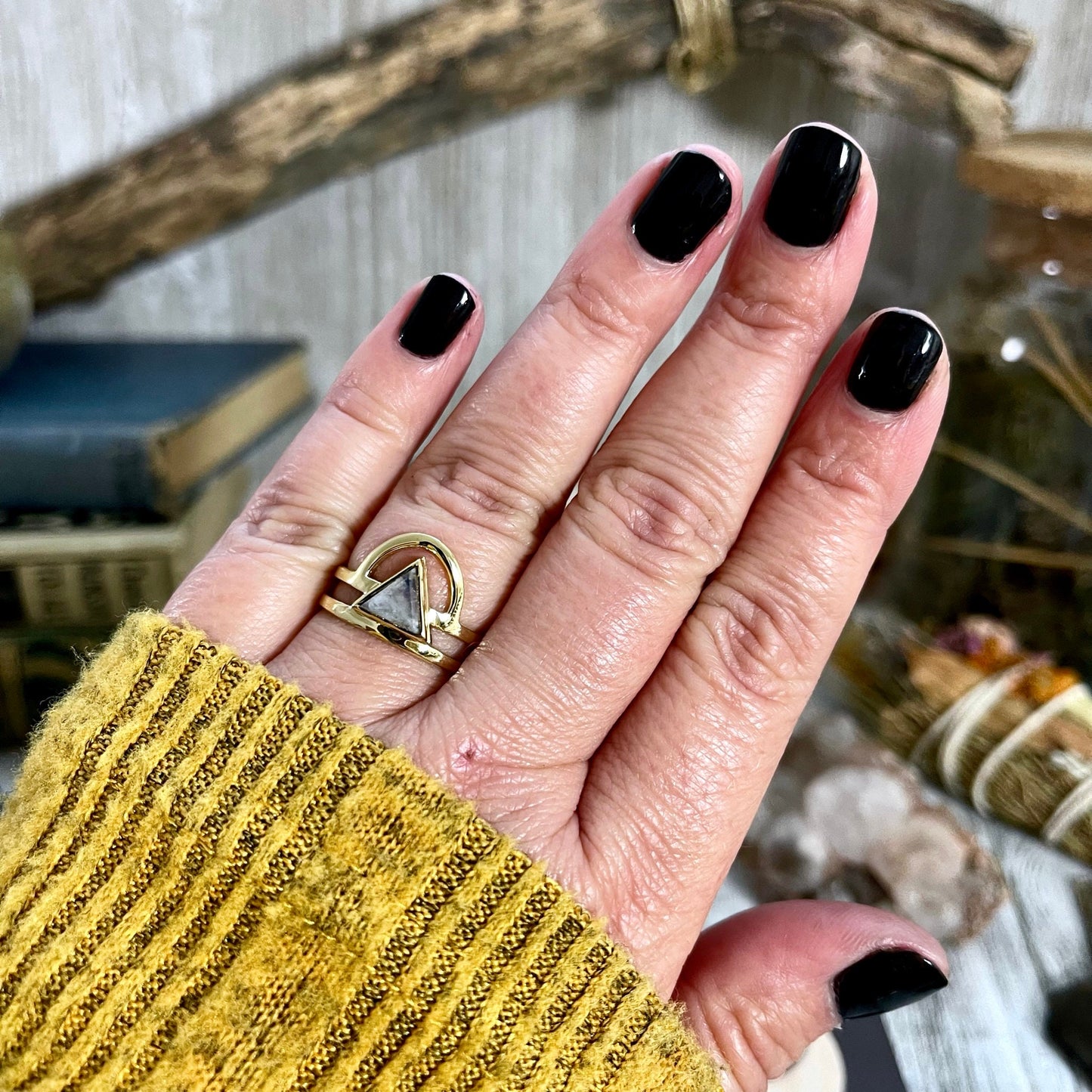 Beautiful Rainbow Moonstone Statement Ring Set in Brass  Size 8 9 10 / Curated by FOXLARK Collection.