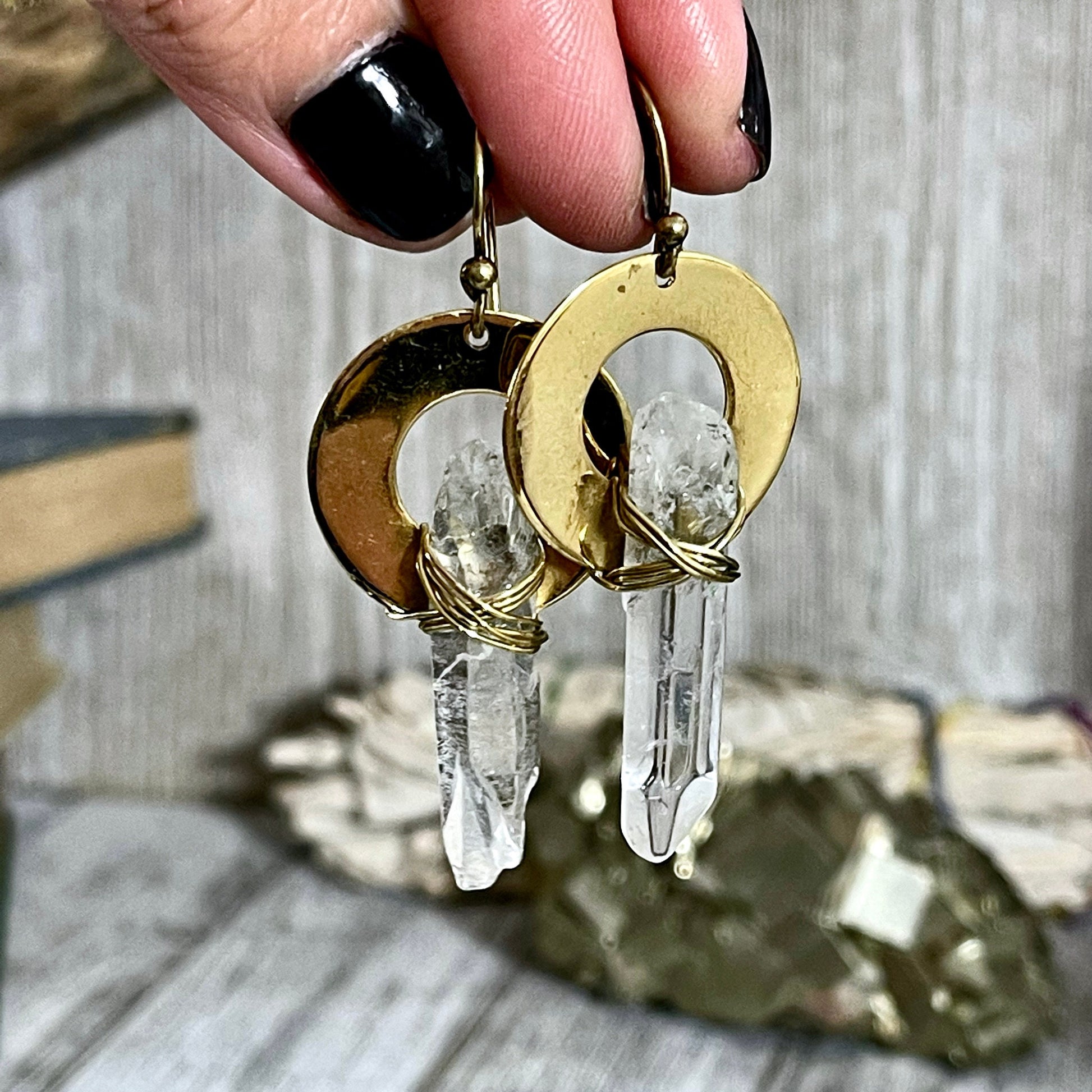 Brass Drop Earrings with Natural Clear Quartz Crystals.