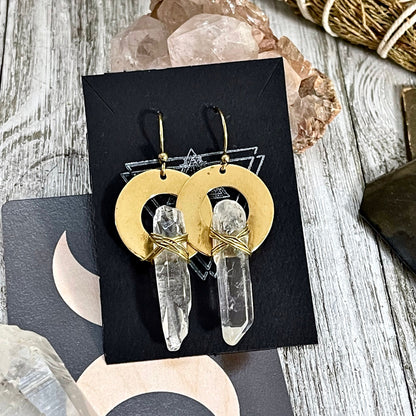 Brass Drop Earrings with Natural Clear Quartz Crystals.