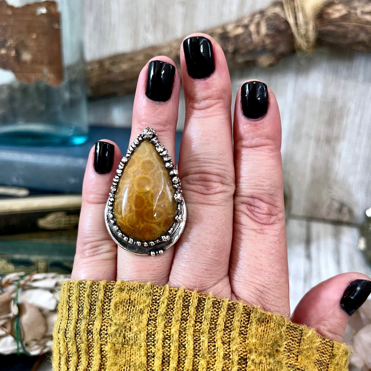 Size 7 Fossilized Coral Silver Statement Ring in Fine Silver / Foxlark Collection - One of a Kind.