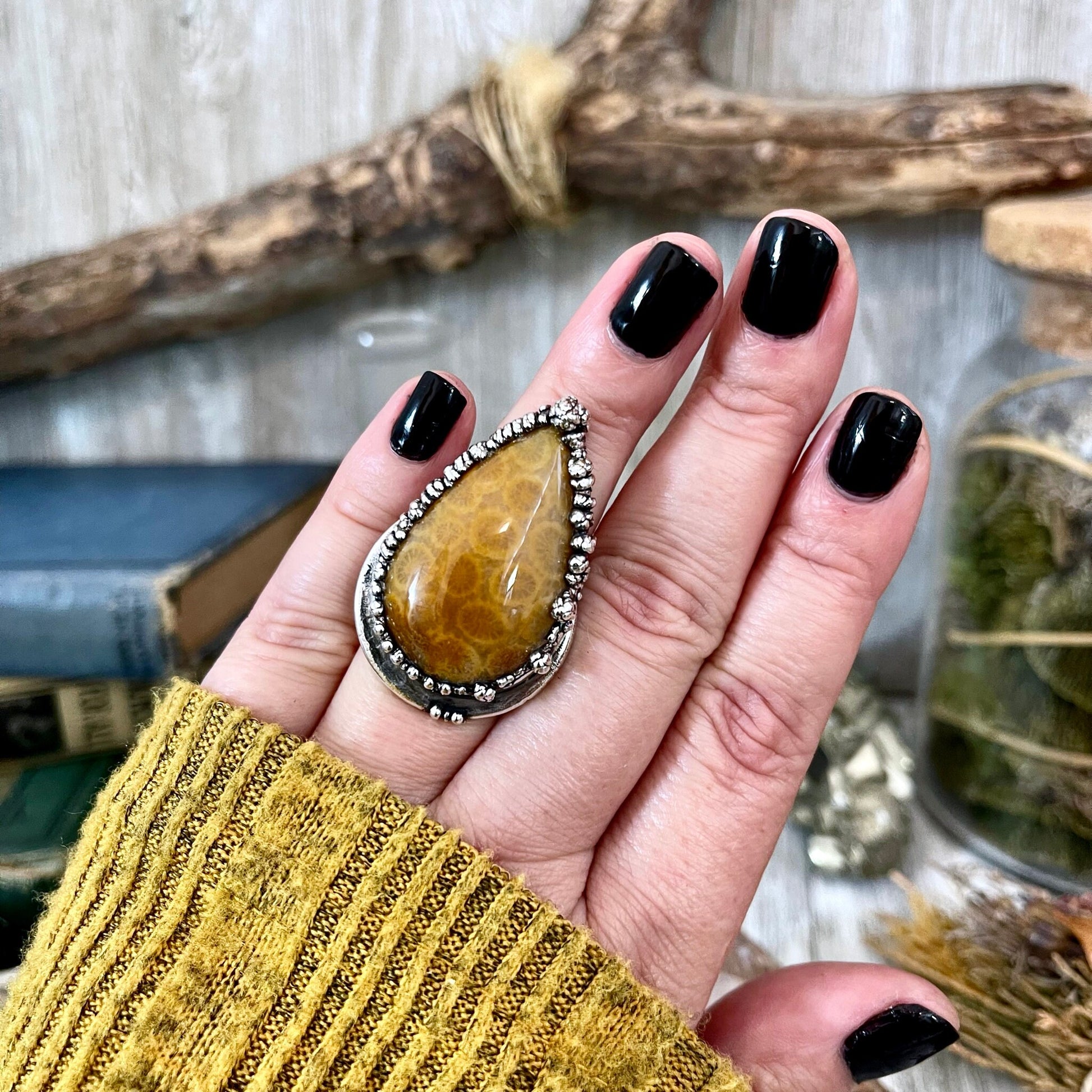 Size 7 Fossilized Coral Silver Statement Ring in Fine Silver / Foxlark Collection - One of a Kind.