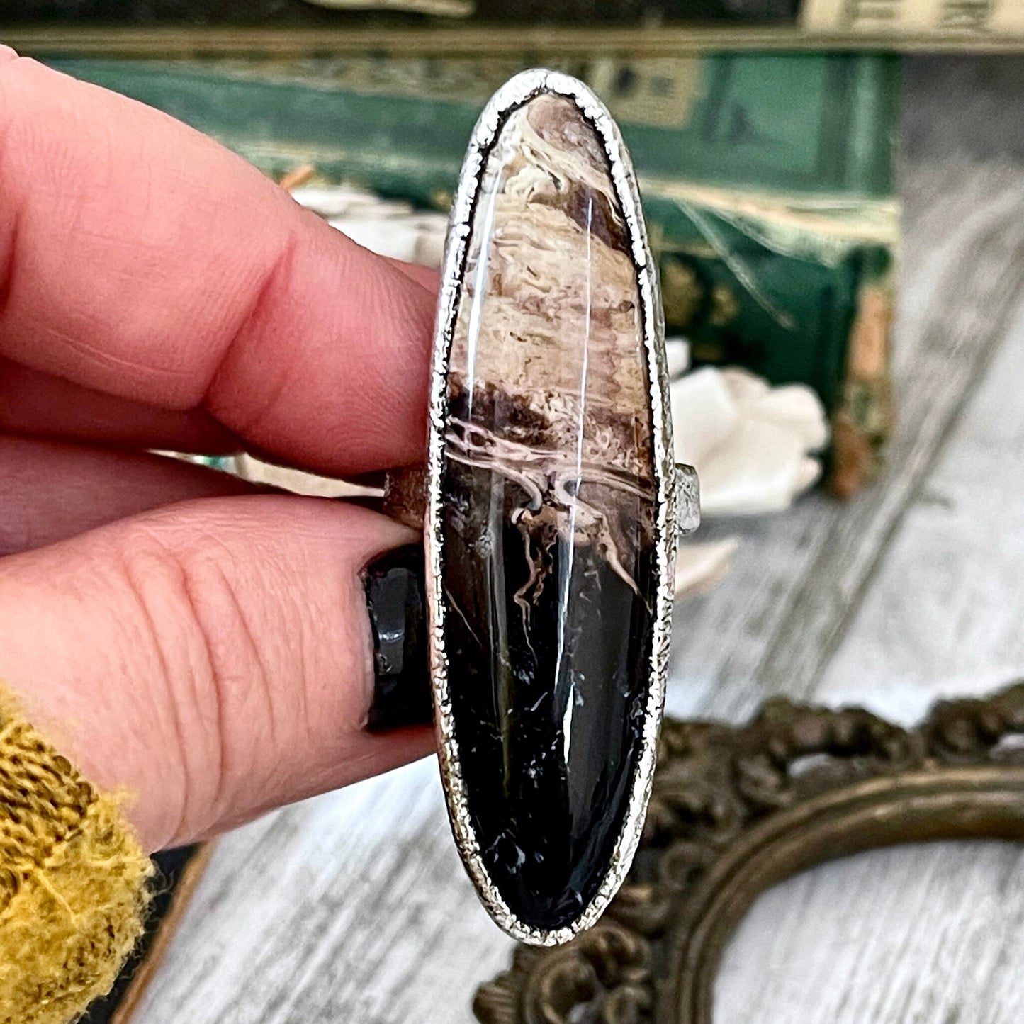 Size 7 Large Fossilized Palm Root Statement Ring in Fine Silver - Black Stone Ring / Foxlark Collection - One of a Kind.