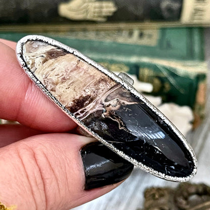 Size 7 Large Fossilized Palm Root Statement Ring in Fine Silver - Black Stone Ring / Foxlark Collection - One of a Kind.