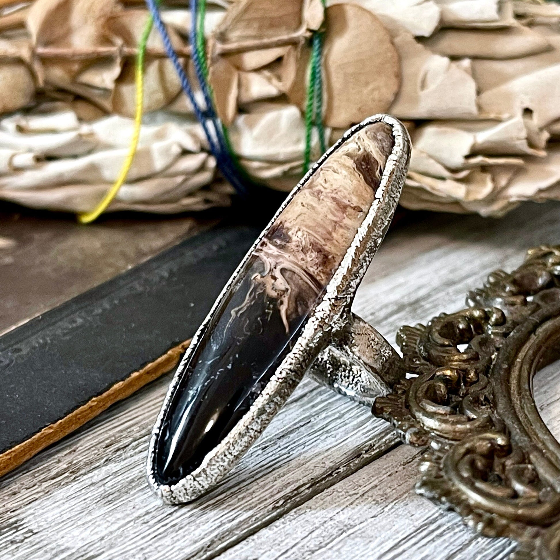 Size 7 Large Fossilized Palm Root Statement Ring in Fine Silver - Black Stone Ring / Foxlark Collection - One of a Kind.