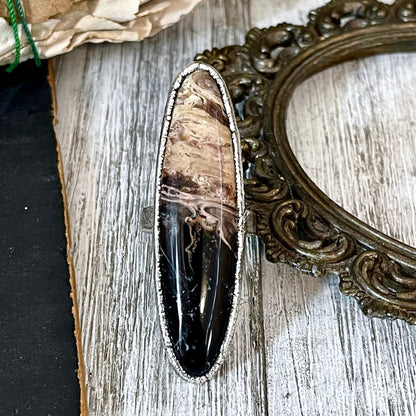 Size 7 Large Fossilized Palm Root Statement Ring in Fine Silver - Black Stone Ring / Foxlark Collection - One of a Kind.