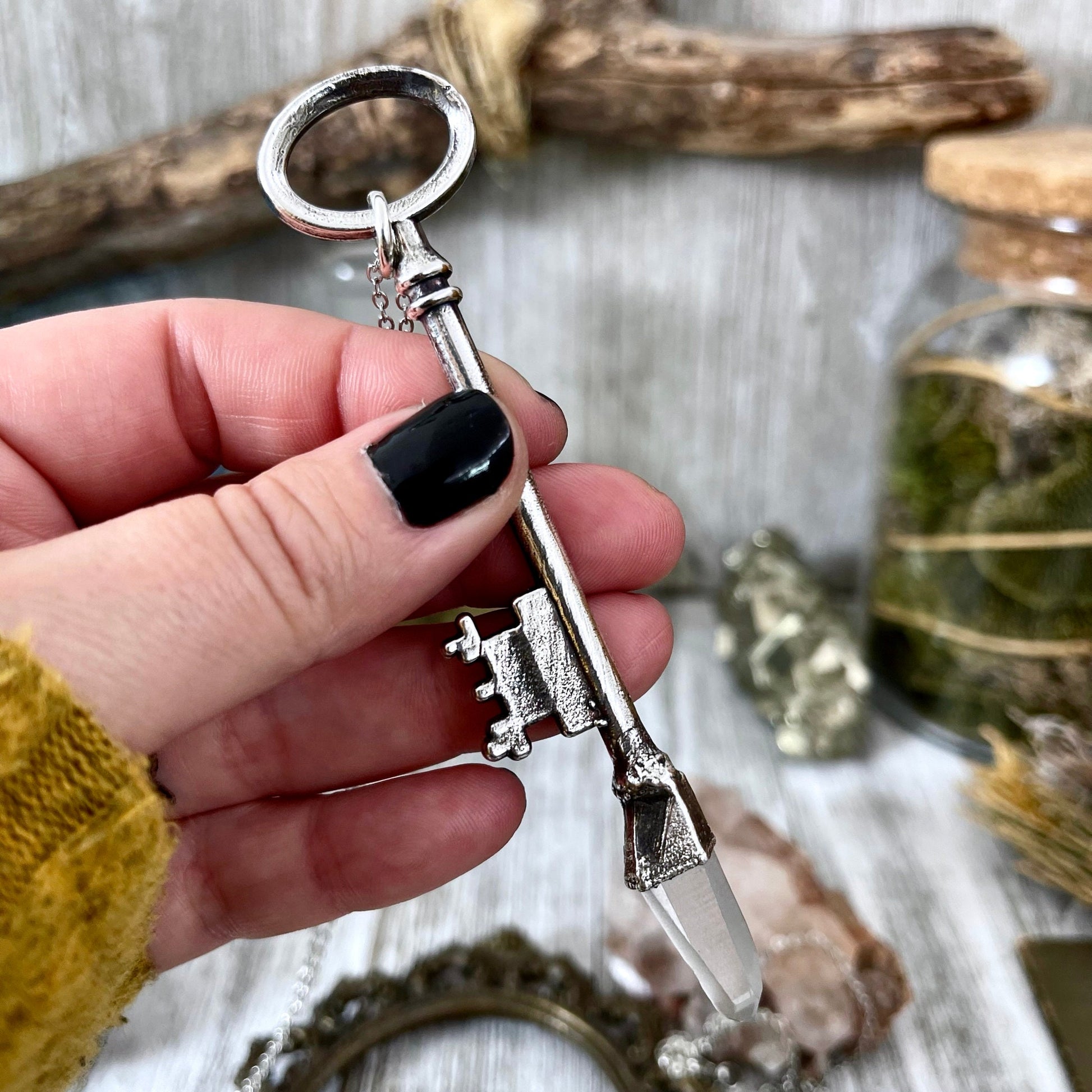 antique key necklace, Crystal Necklaces, Etsy ID: 1352918214, FOXLARK- NECKLACES, Gothic Jewelry, Jewelry, Necklaces, Raw Amethyst Jewelry, raw crystal jewelry, Raw crystal necklace, Raw Crystal Pendant, Raw Stone Jewelry, Skeleton Key, Steampunk Jewelry,