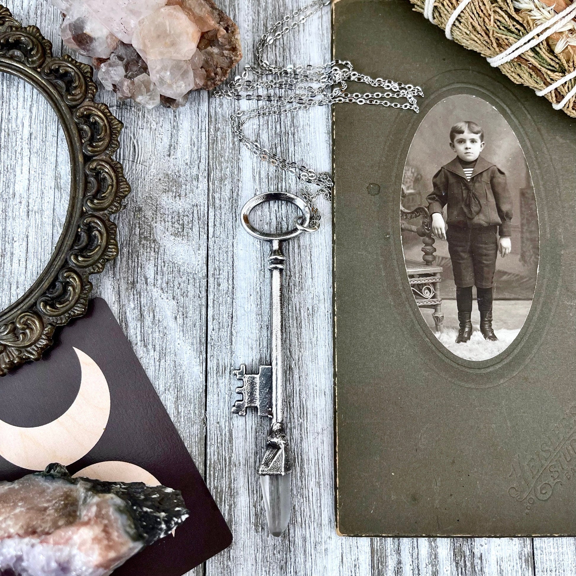 Raw Clear Quartz Crystal Vintage Skeleton Key Necklace Pendant in Fine Silver  / Foxlark Collection - One of a Kind.