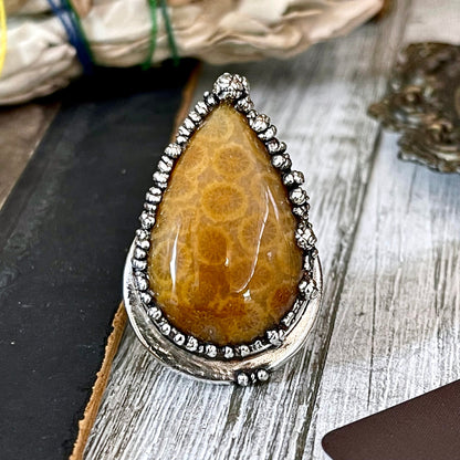 Size 7 Fossilized Coral Silver Statement Ring in Fine Silver / Foxlark Collection - One of a Kind.