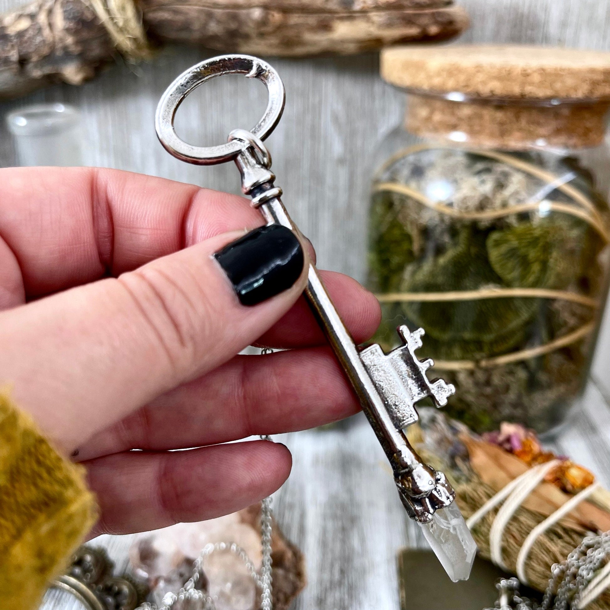 Raw Clear Quartz Crystal Vintage Skeleton Key Necklace Pendant in Fine Silver  / Foxlark Collection - One of a Kind.