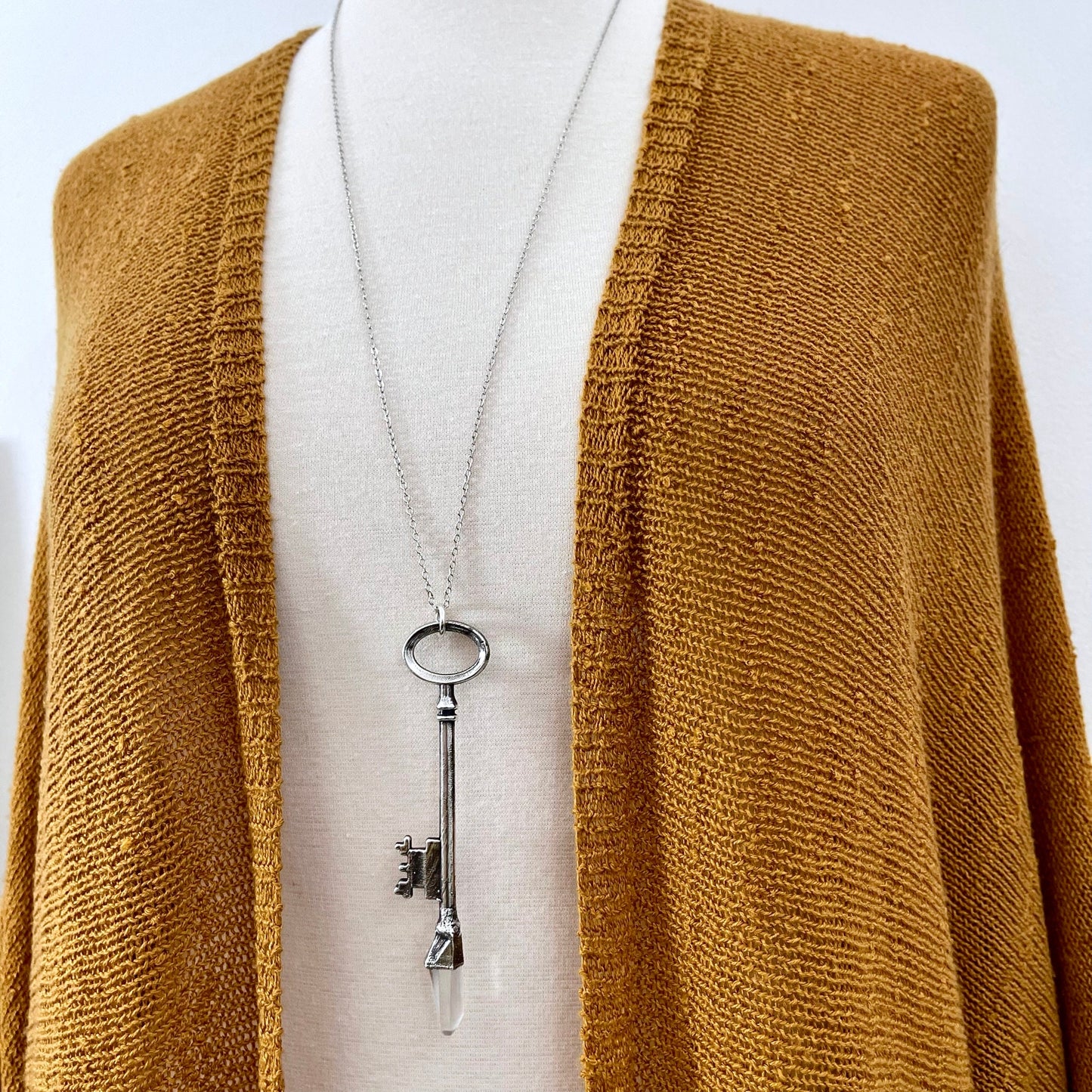 Raw Clear Quartz Crystal Vintage Skeleton Key Necklace Pendant in Fine Silver  / Foxlark Collection - One of a Kind.