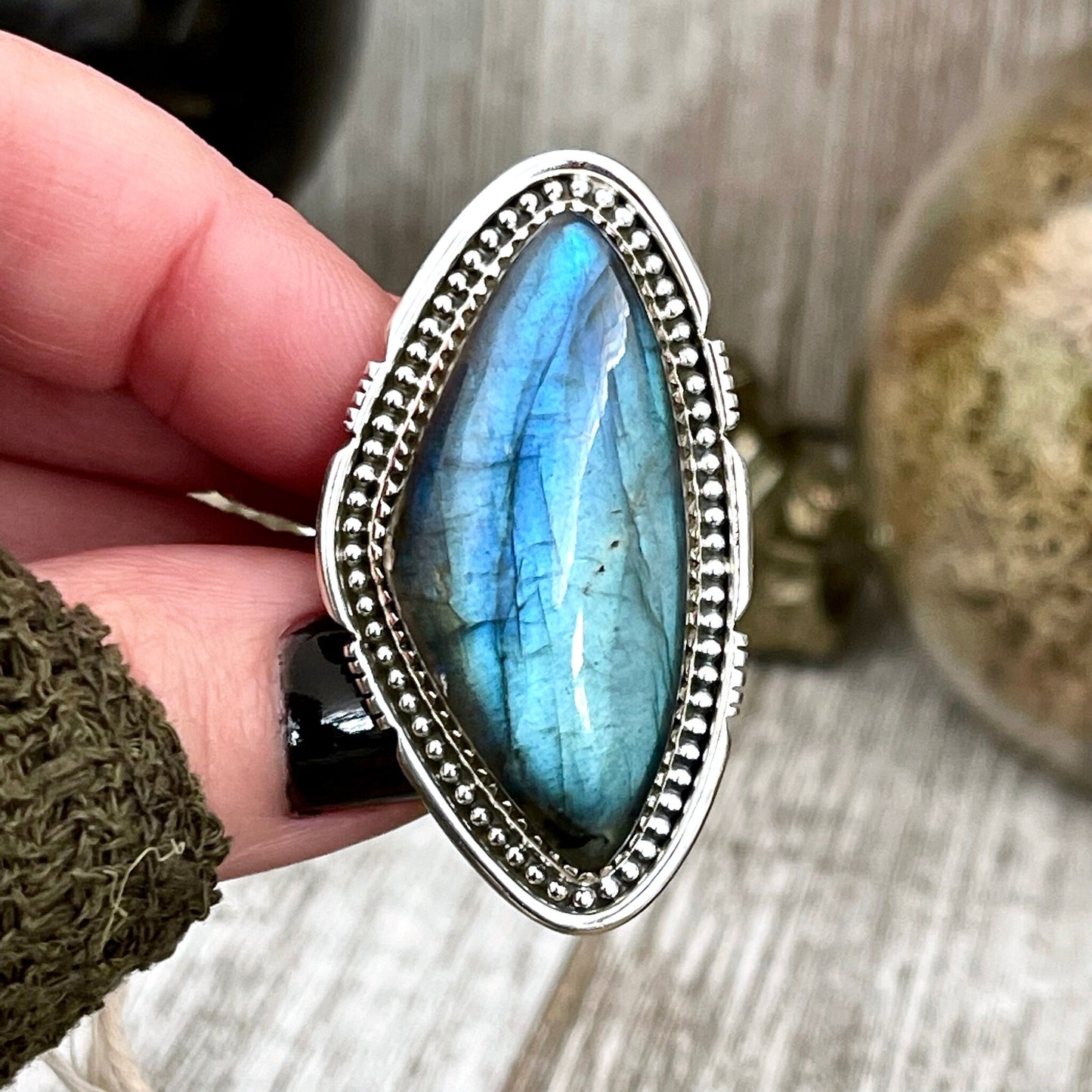 Big Labradorite Crystal Statement Ring in Sterling Silver - Designed by FOXLARK Collection Adjusts to size 6,7,8,9, or 10 | Blue Stone.