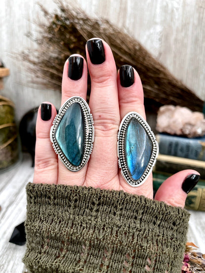 Big Labradorite Crystal Statement Ring in Sterling Silver - Designed by FOXLARK Collection Adjusts to size 6,7,8,9, or 10 | Blue Stone.