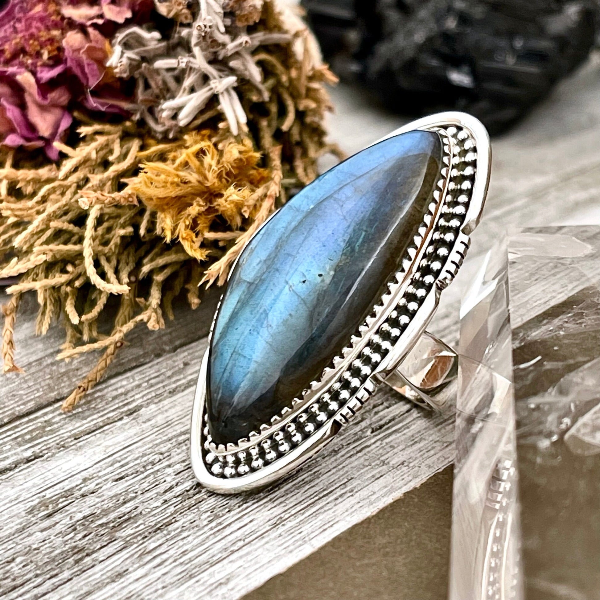 Big Labradorite Crystal Statement Ring in Sterling Silver - Designed by FOXLARK Collection Adjusts to size 6,7,8,9, or 10 | Blue Stone.