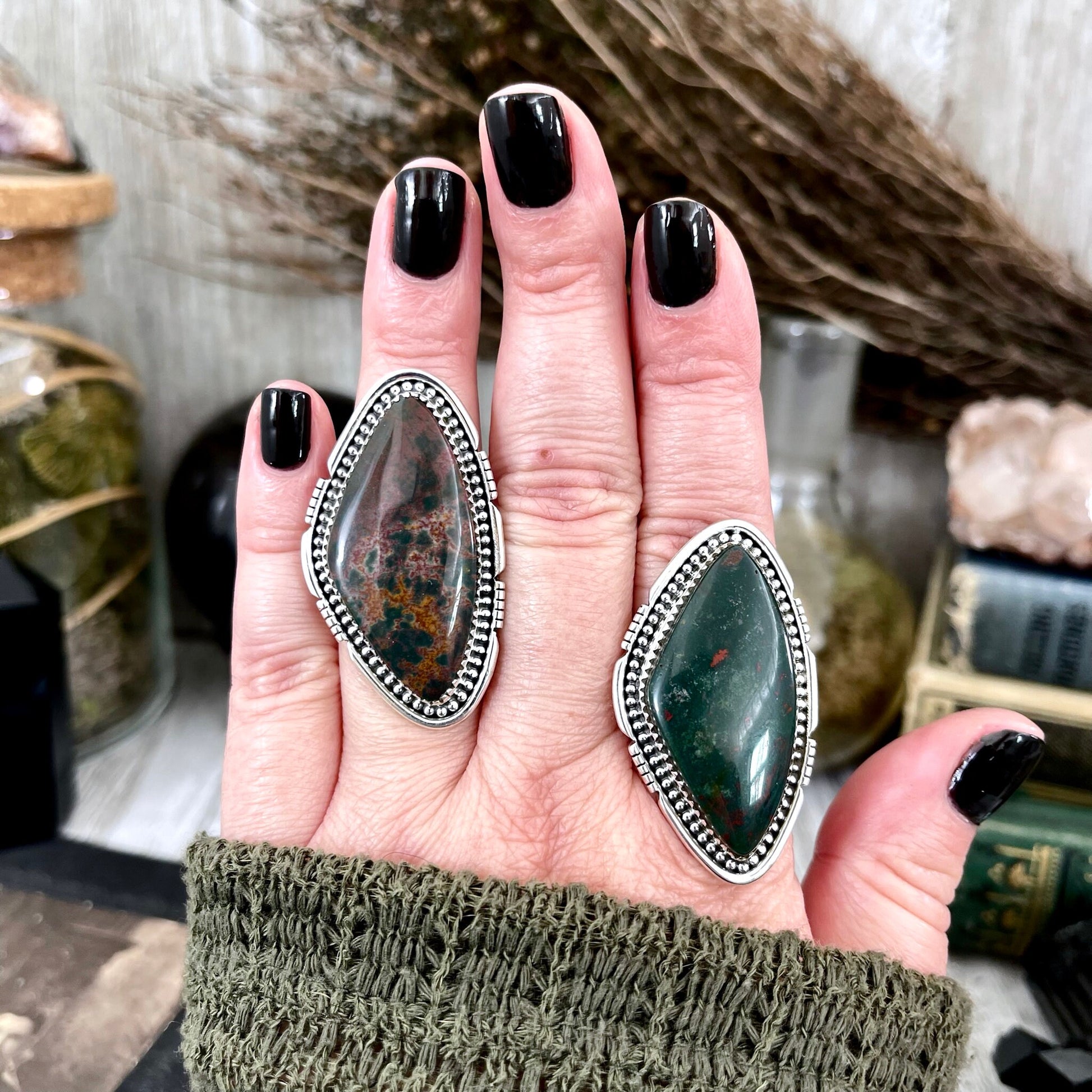 Big Bloodstone Crystal Statement Ring in Sterling Silver - Designed by FOXLARK Collection Adjustable to Size 6 7 8 9 | Green Stone.