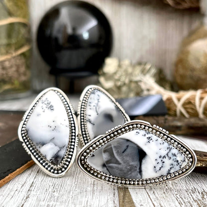 Big Dendritic Agate Crystal Statement Ring in Sterling Silver - Designed by FOXLARK Collection Adjustable to Size 6 7 8 9 | White Stone.