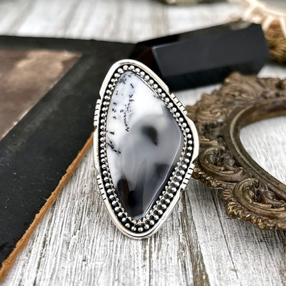 Big Dendritic Agate Crystal Statement Ring in Sterling Silver - Designed by FOXLARK Collection Adjustable to Size 6 7 8 9 | White Stone.