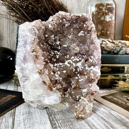 Large Self Standing Druzy Purple Amethyst Geode Crystal Cluster with Calcite / FoxlarkCrystals.