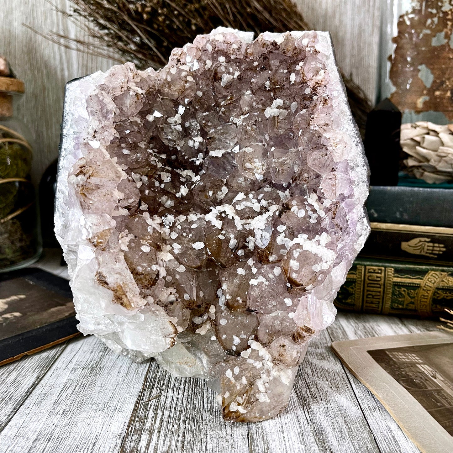 Large Self Standing Druzy Purple Amethyst Geode Crystal Cluster with Calcite / FoxlarkCrystals.