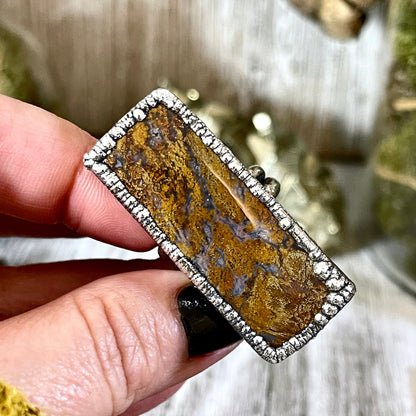 Big Size 8 Silver Natural Fancy Moss Agate Crystal Statement Ring / Foxlark Collection - One of a Kind.