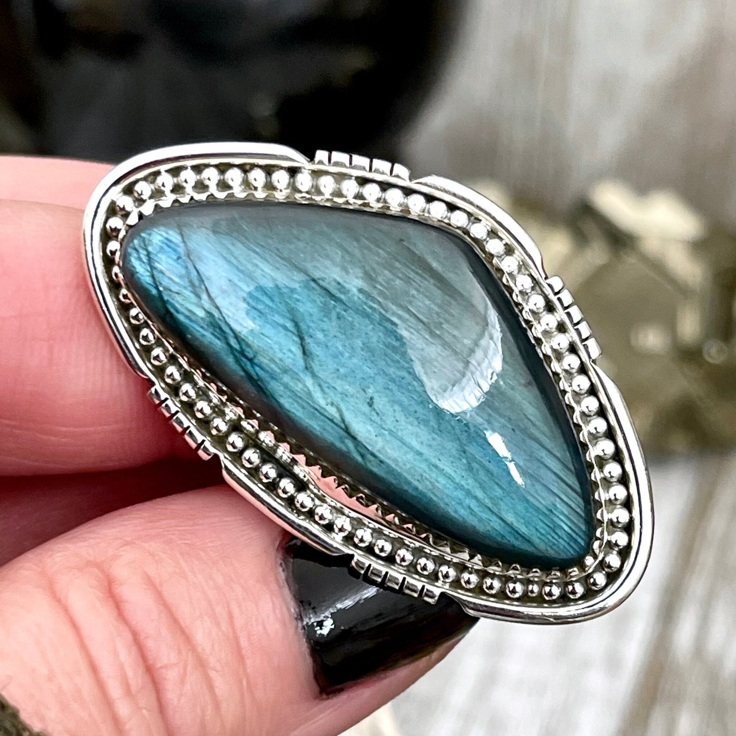 Big Labradorite Crystal Statement Ring in Sterling Silver - Designed by FOXLARK Collection Adjusts to size 6,7,8,9, or 10 | Blue Stone.