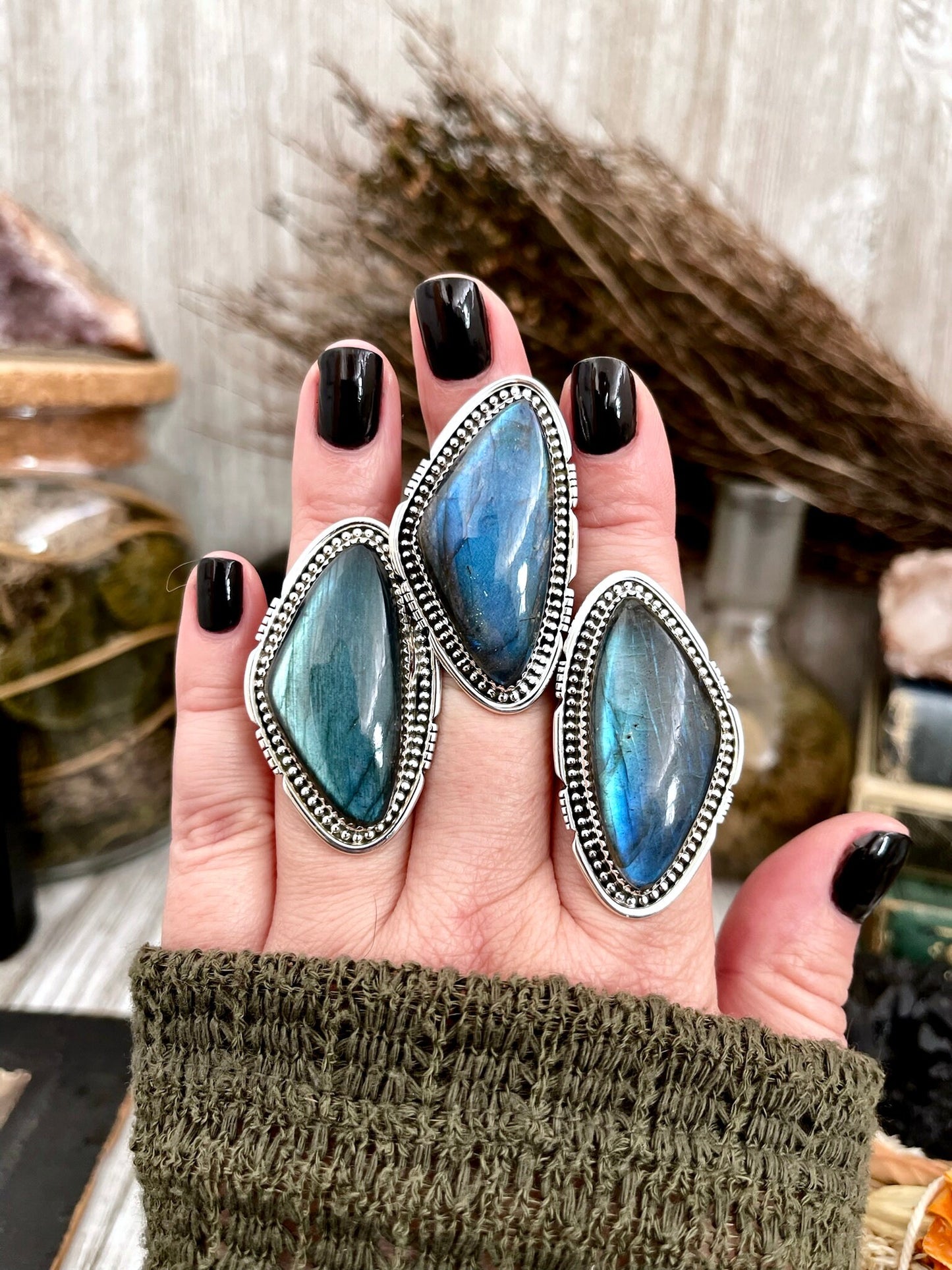 Big Labradorite Crystal Statement Ring in Sterling Silver - Designed by FOXLARK Collection Adjusts to size 6,7,8,9, or 10 | Blue Stone.