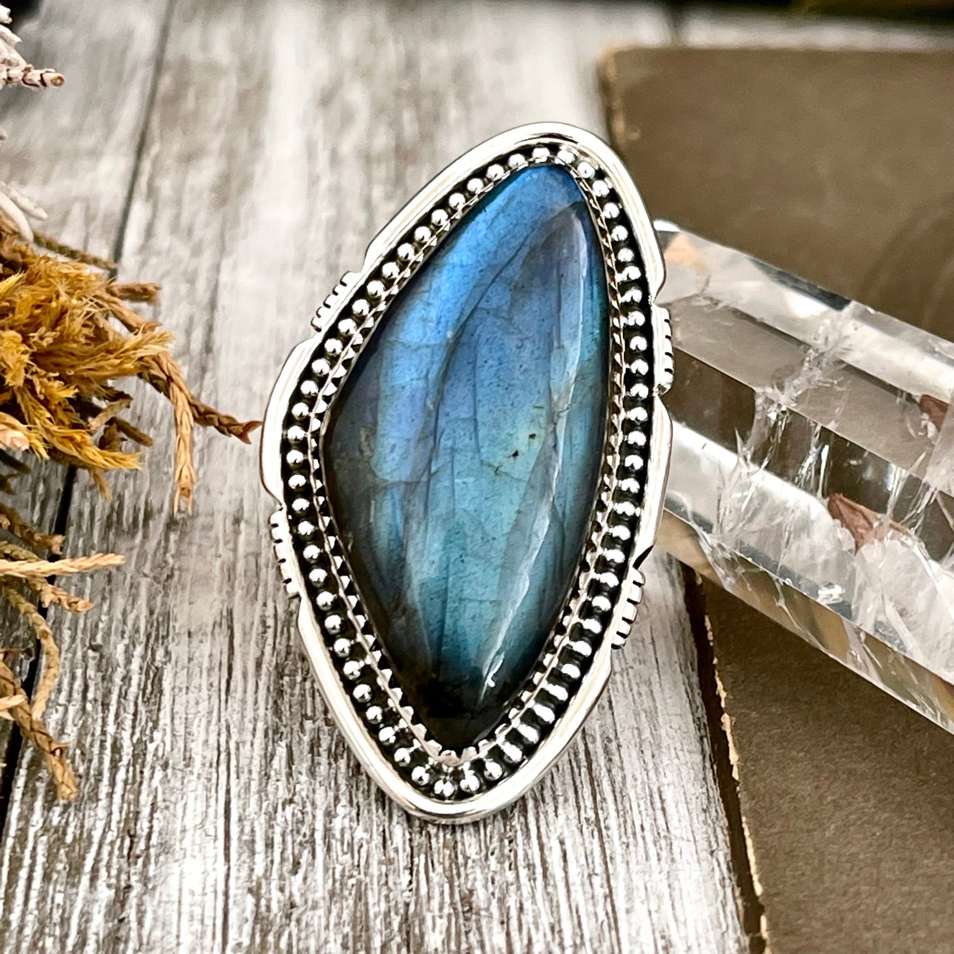 Big Labradorite Crystal Statement Ring in Sterling Silver - Designed by FOXLARK Collection Adjusts to size 6,7,8,9, or 10 | Blue Stone.