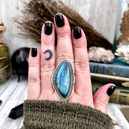 Big Labradorite Crystal Statement Ring in Sterling Silver - Designed by FOXLARK Collection Adjusts to size 6,7,8,9, or 10 | Blue Stone.