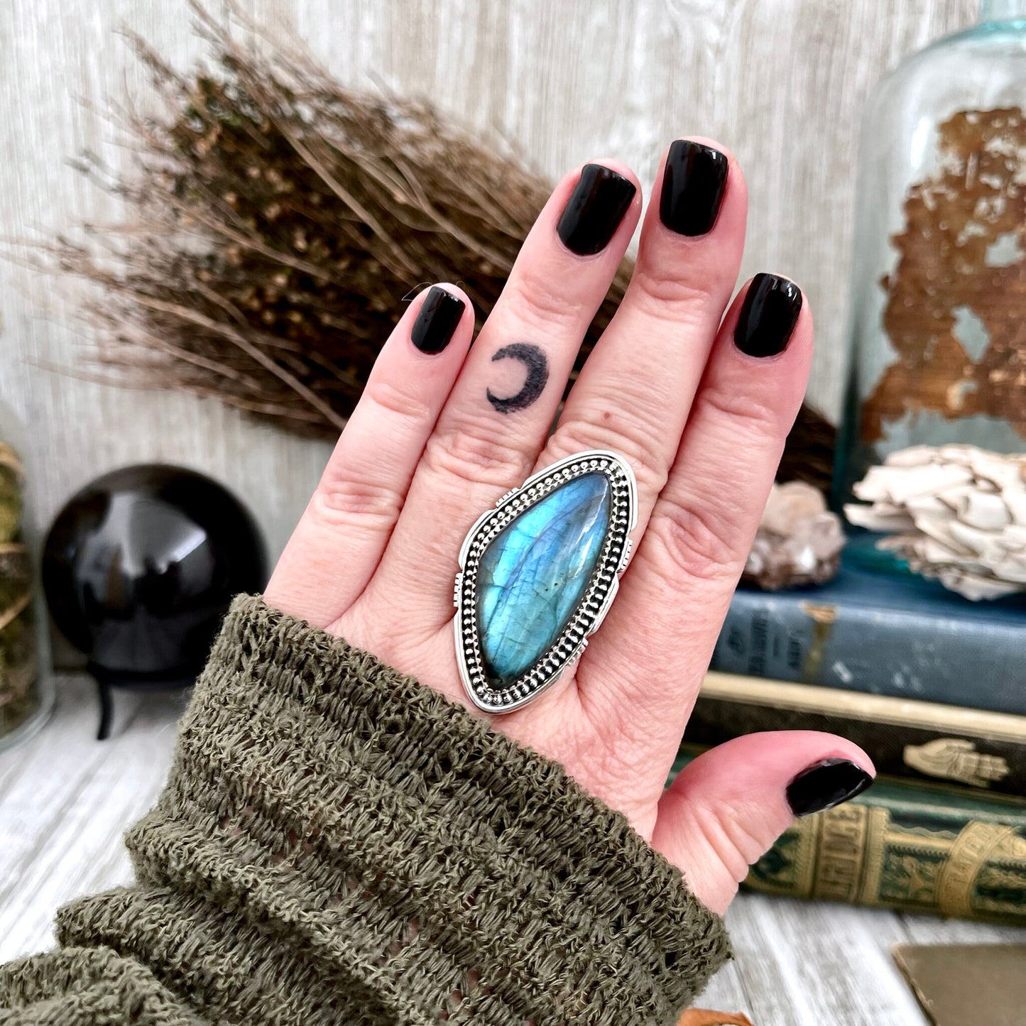 Big Labradorite Crystal Statement Ring in Sterling Silver - Designed by FOXLARK Collection Adjusts to size 6,7,8,9, or 10 | Blue Stone.