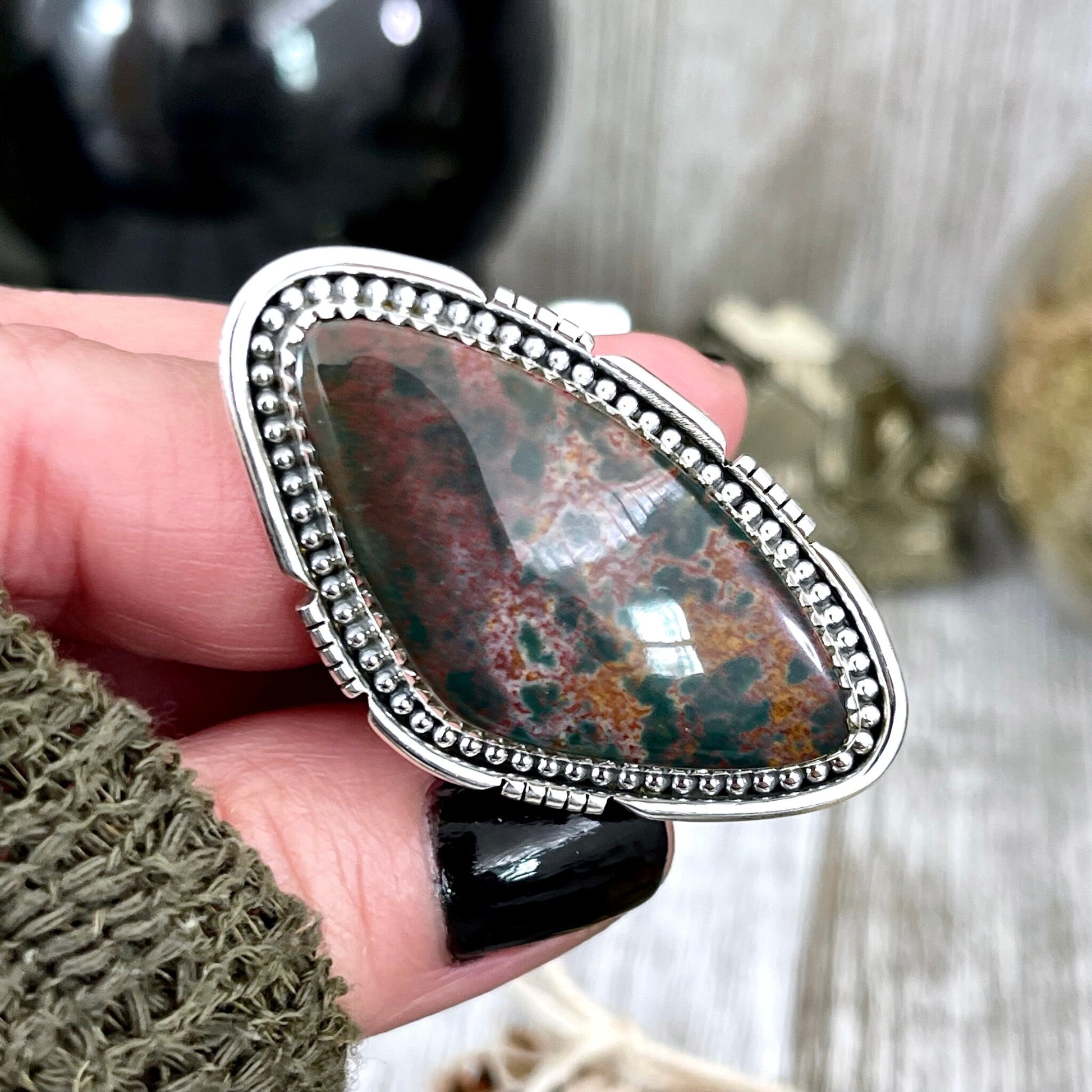 Big Bloodstone Crystal Statement Ring in Sterling Silver - Designed by FOXLARK Collection Adjustable to Size 6 7 8 9 | Green Stone.