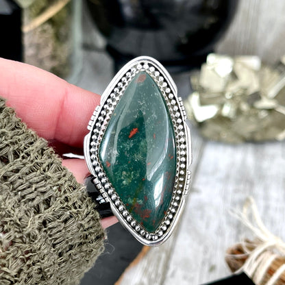 Big Bloodstone Crystal Statement Ring in Sterling Silver - Designed by FOXLARK Collection Adjustable to Size 6 7 8 9 | Green Stone.