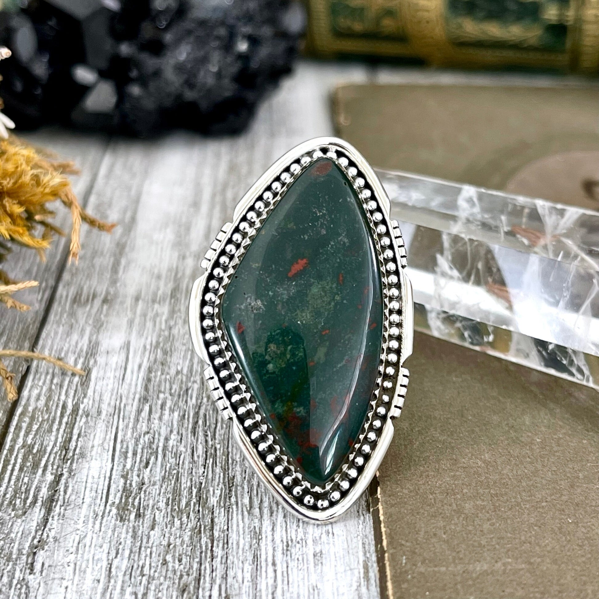 Big Bloodstone Crystal Statement Ring in Sterling Silver - Designed by FOXLARK Collection Adjustable to Size 6 7 8 9 | Green Stone.