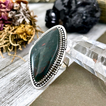 Big Bloodstone Crystal Statement Ring in Sterling Silver - Designed by FOXLARK Collection Adjustable to Size 6 7 8 9 | Green Stone.