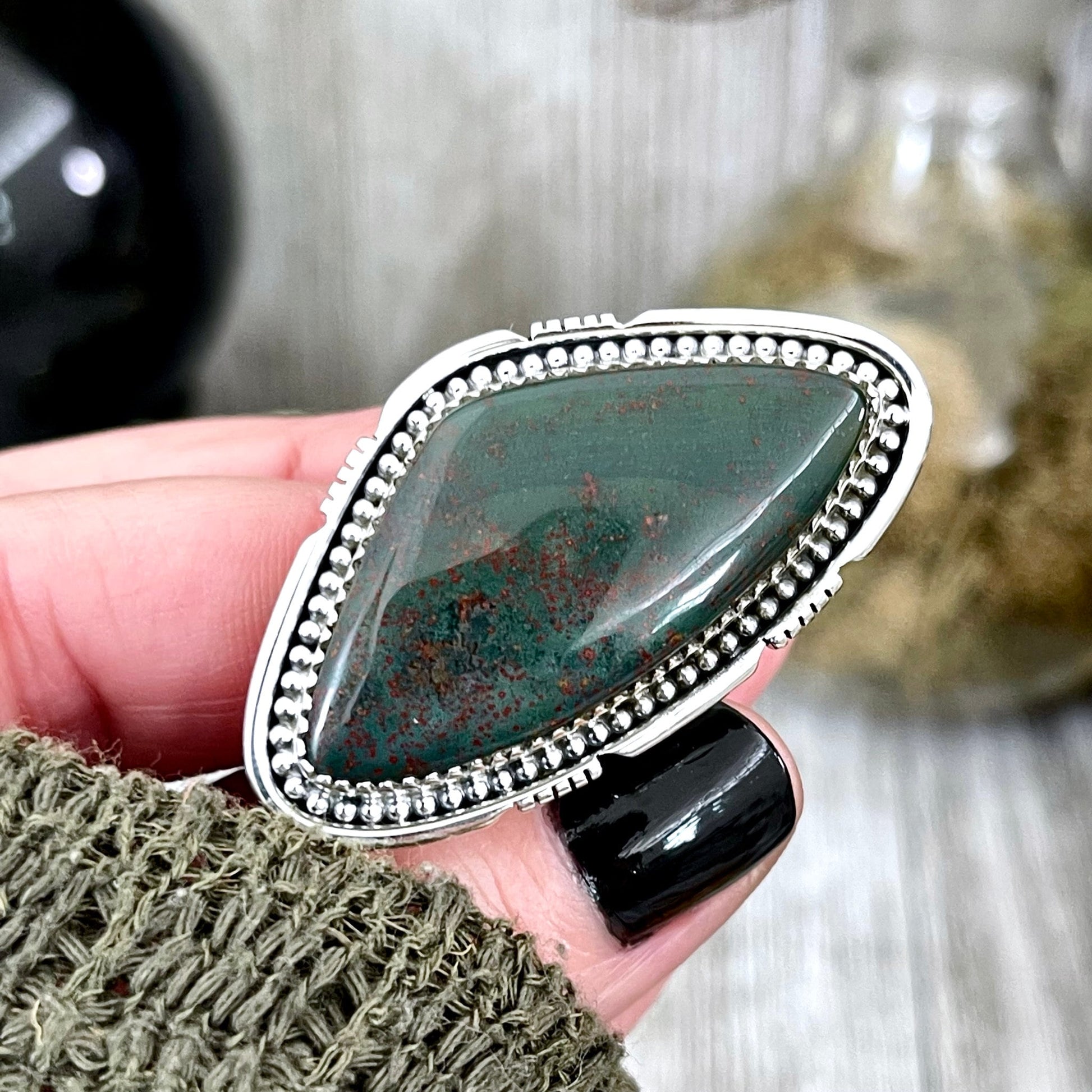 Big Bloodstone Crystal Statement Ring in Sterling Silver - Designed by FOXLARK Collection Adjustable to Size 6 7 8 9 | Green Stone.