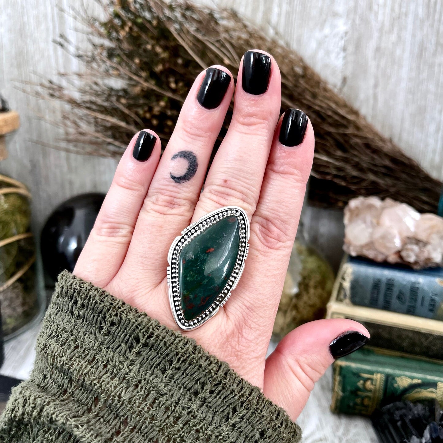 Big Bloodstone Crystal Statement Ring in Sterling Silver - Designed by FOXLARK Collection Adjustable to Size 6 7 8 9 | Green Stone.