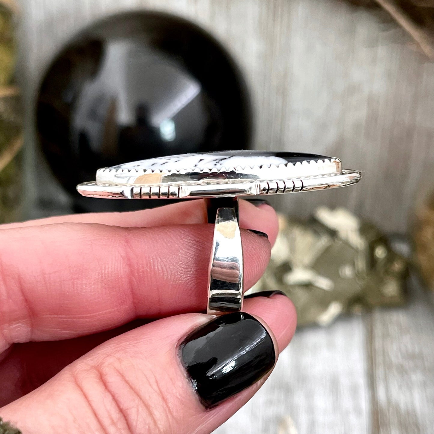 Big Dendritic Agate Crystal Statement Ring in Sterling Silver - Designed by FOXLARK Collection Adjustable to Size 6 7 8 9 | White Stone.