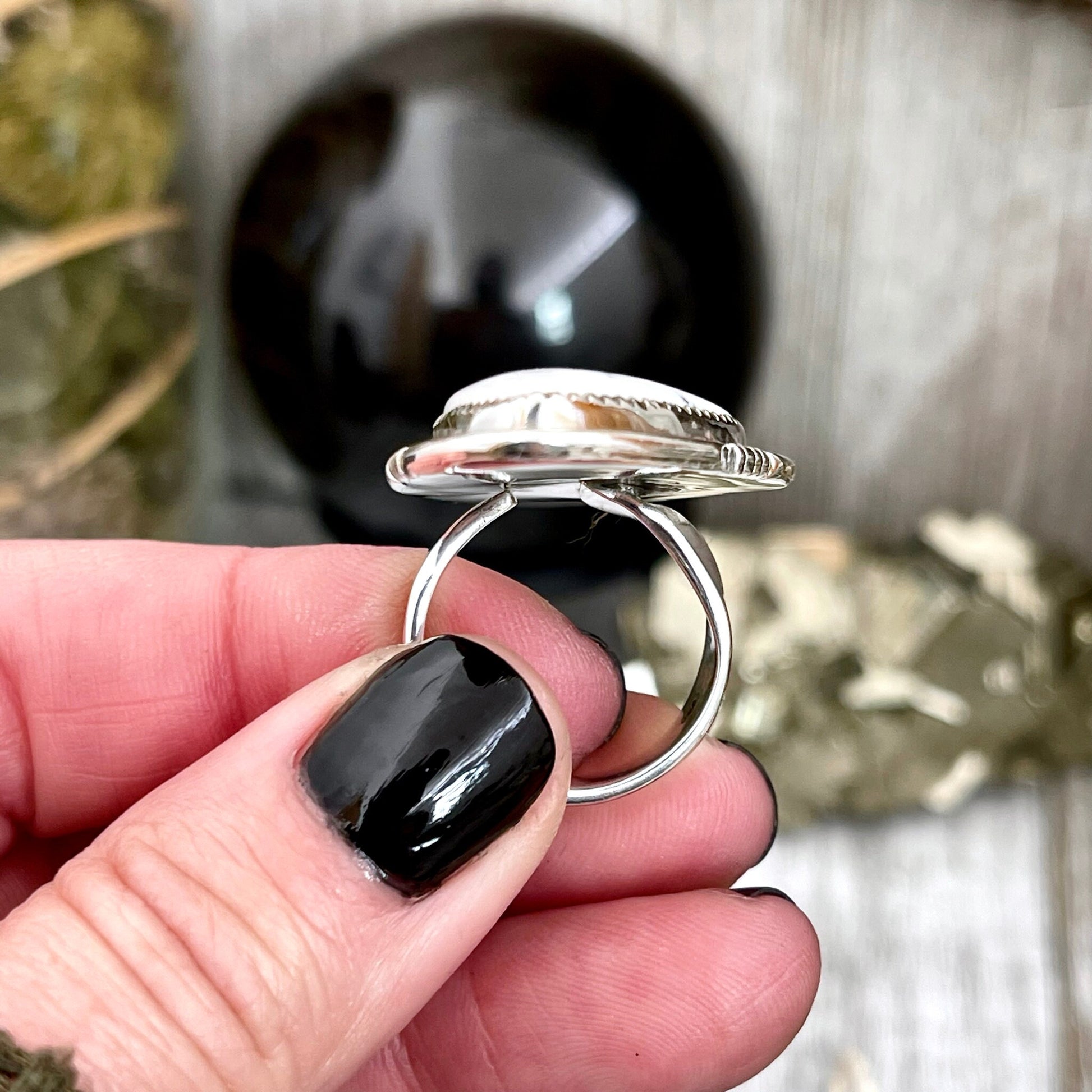 Big Dendritic Agate Crystal Statement Ring in Sterling Silver - Designed by FOXLARK Collection Adjustable to Size 6 7 8 9 | White Stone.