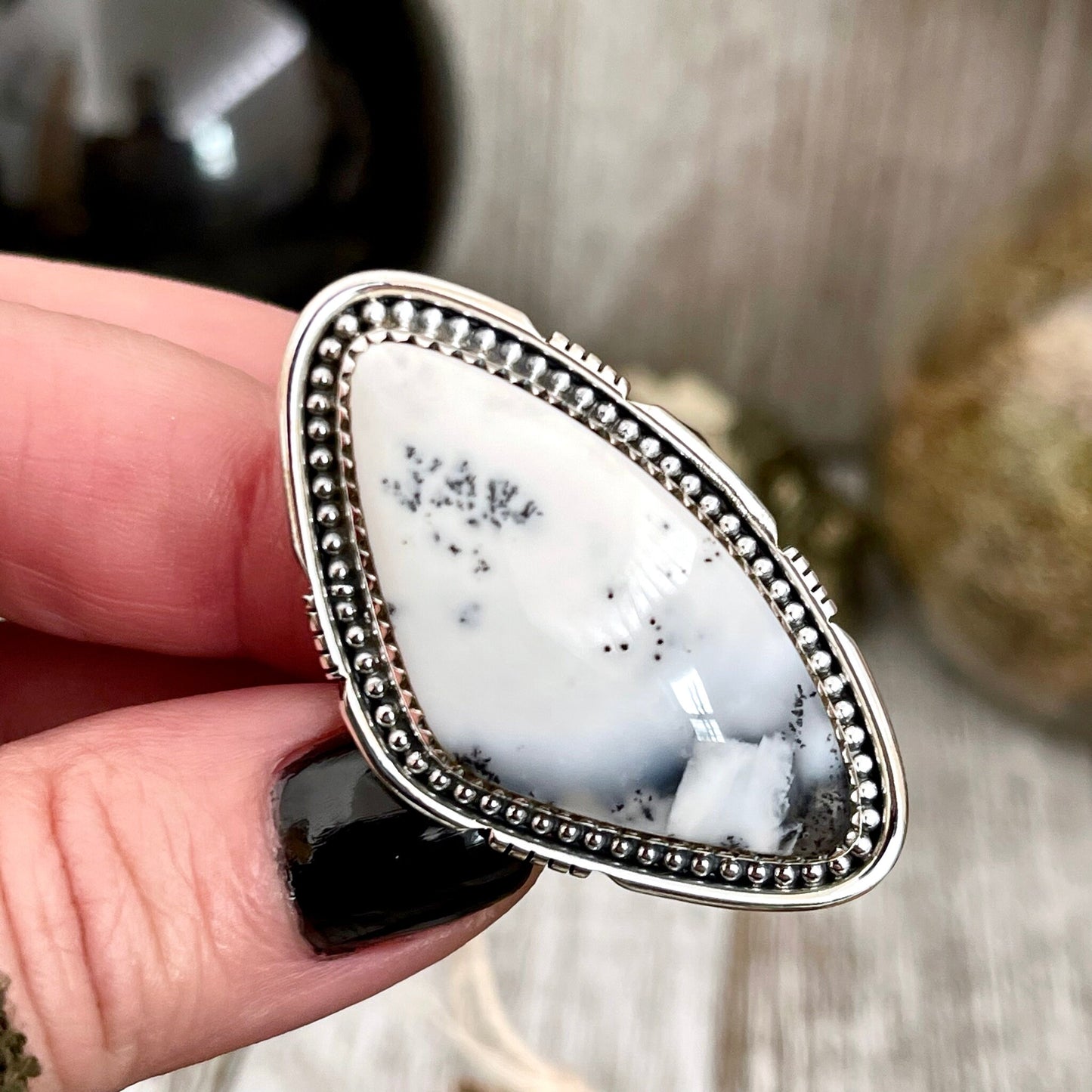 Big Dendritic Agate Crystal Statement Ring in Sterling Silver - Designed by FOXLARK Collection Adjustable to Size 6 7 8 9 | White Stone.