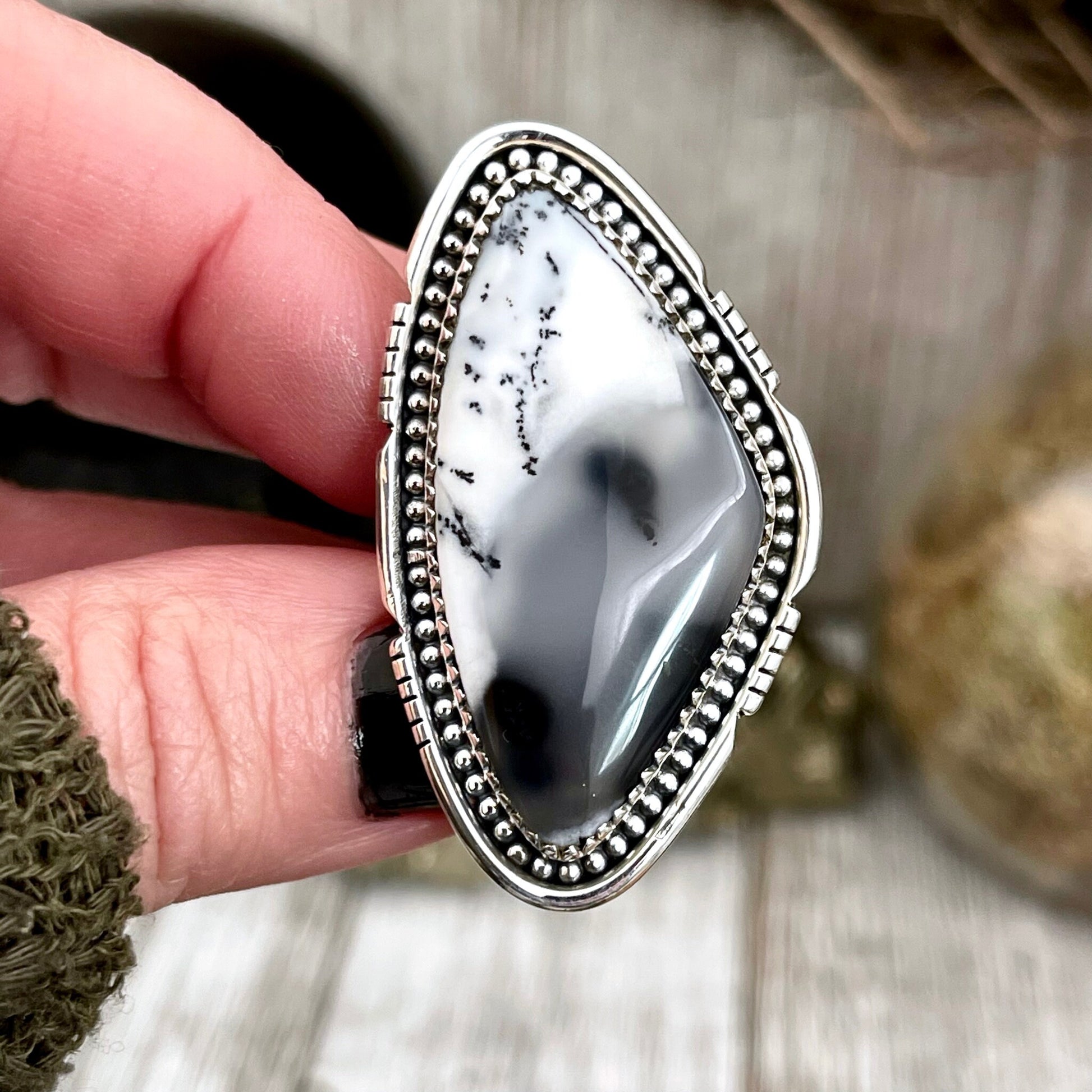 Big Dendritic Agate Crystal Statement Ring in Sterling Silver - Designed by FOXLARK Collection Adjustable to Size 6 7 8 9 | White Stone.