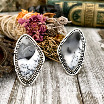 Big Dendritic Agate Crystal Statement Ring in Sterling Silver - Designed by FOXLARK Collection Adjustable to Size 6 7 8 9 | White Stone.