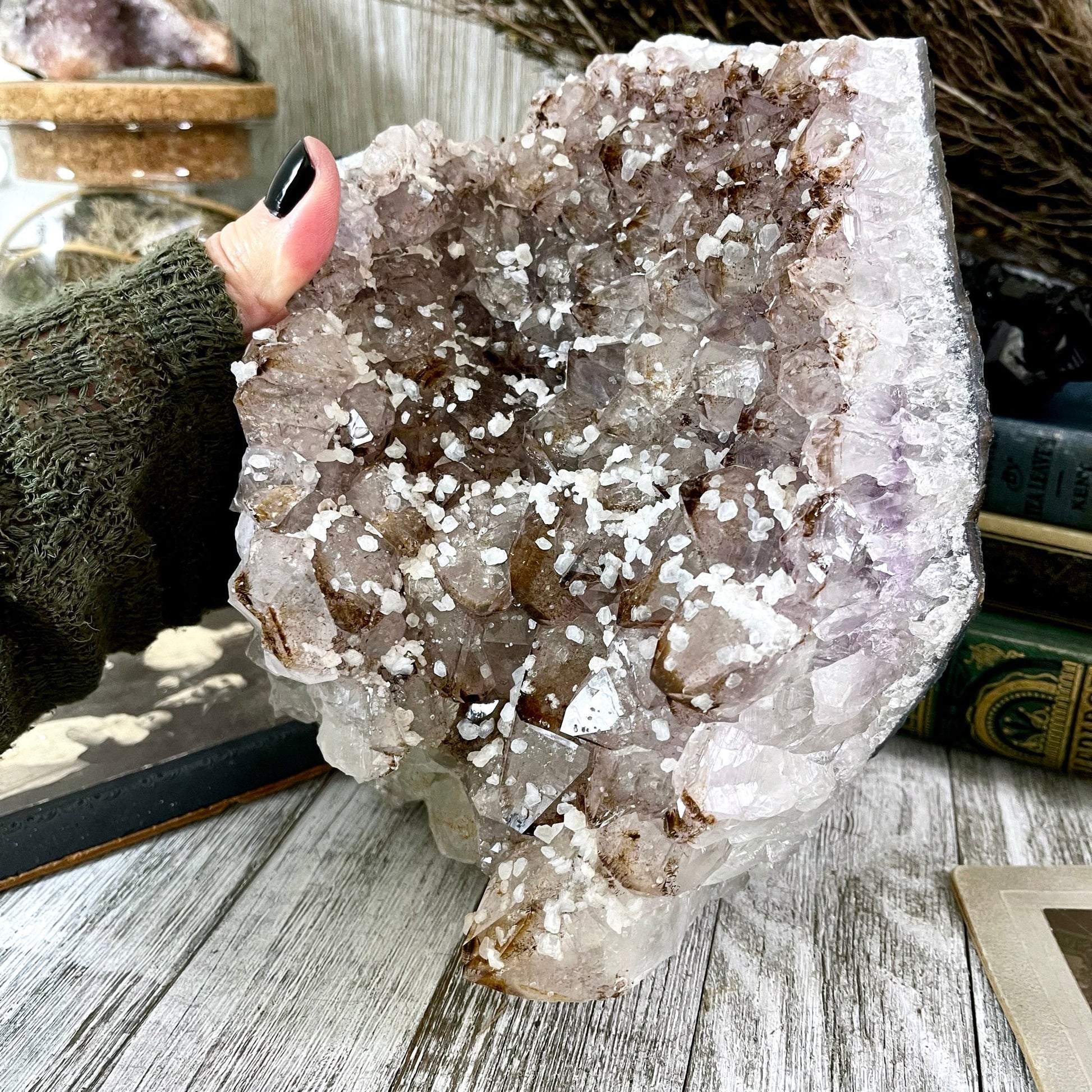 Large Self Standing Druzy Purple Amethyst Geode Crystal Cluster with Calcite / FoxlarkCrystals.