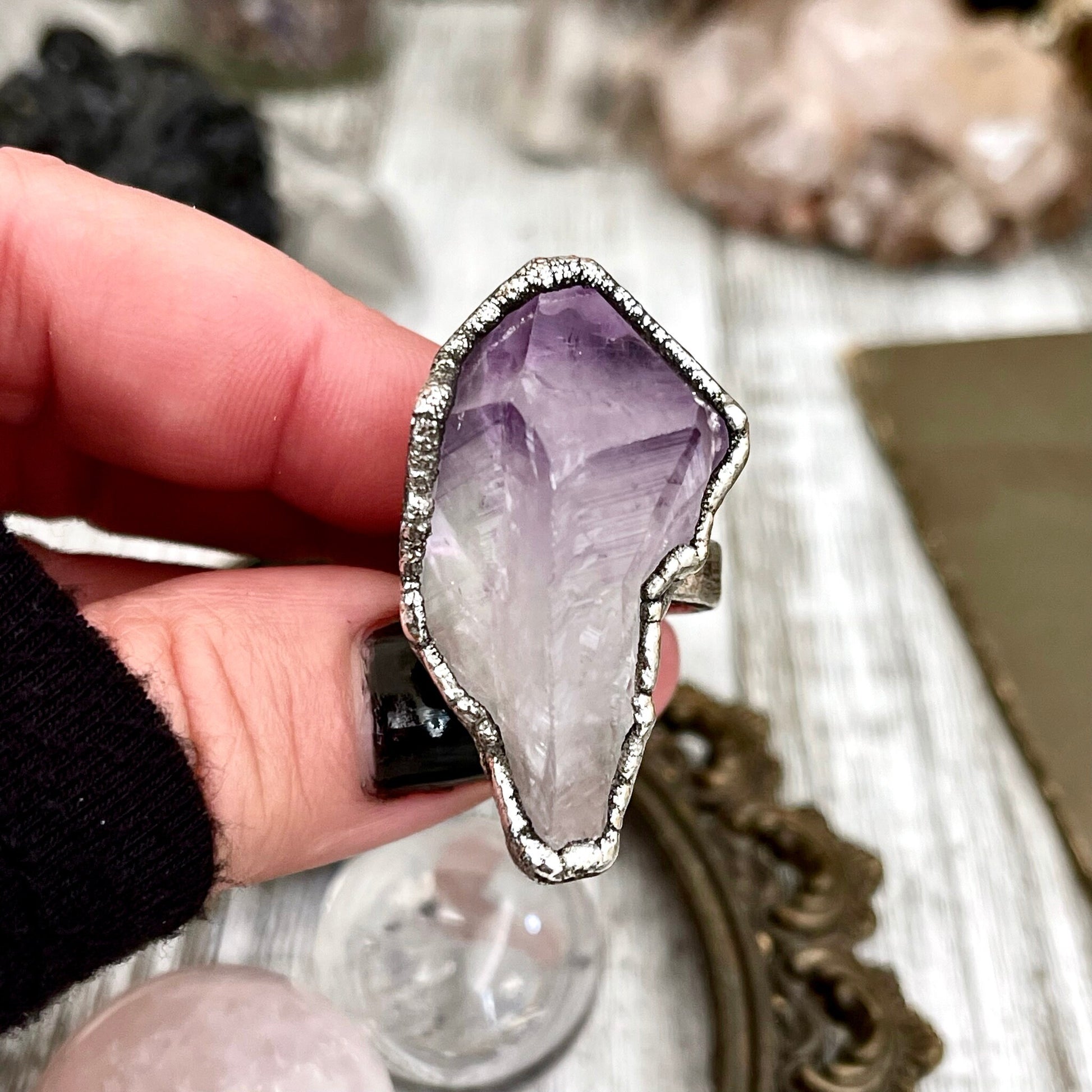 Size 6 Big Raw Amethyst Purple Crystal Ring in Fine Silver / Foxlark Collection - One of a Kind.