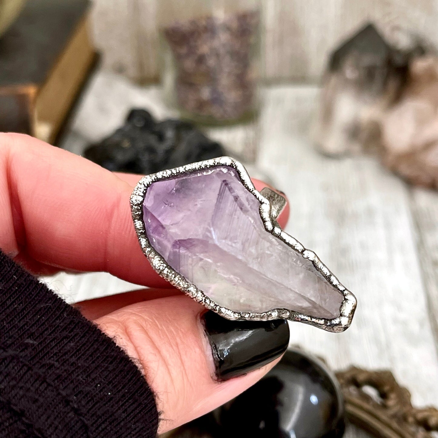 Size 6 Big Raw Amethyst Purple Crystal Ring in Fine Silver / Foxlark Collection - One of a Kind.